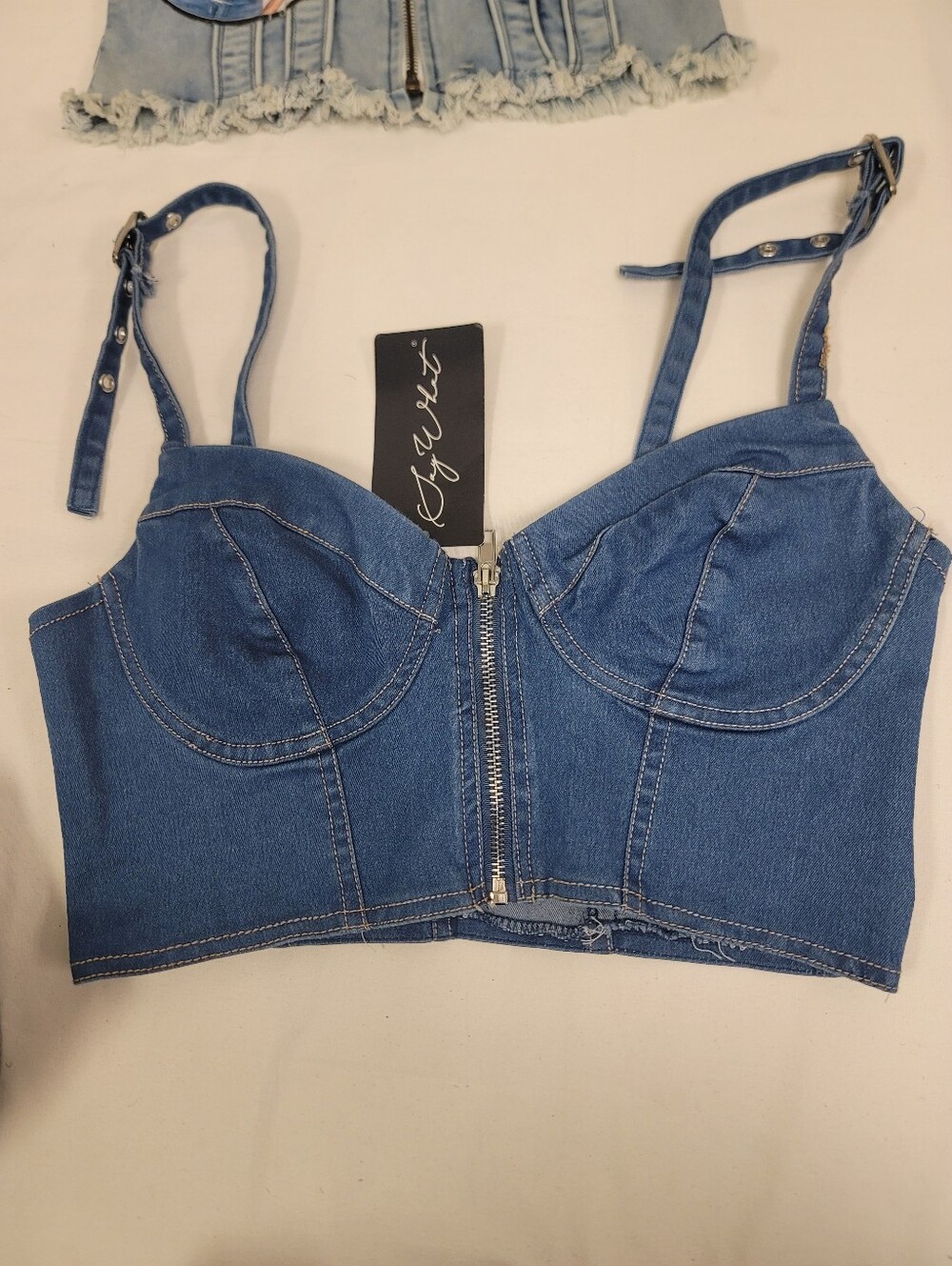 2 Denim Zip-Front Bustier Crop Top - Light & Medium Blue - Picture 2 of 7
